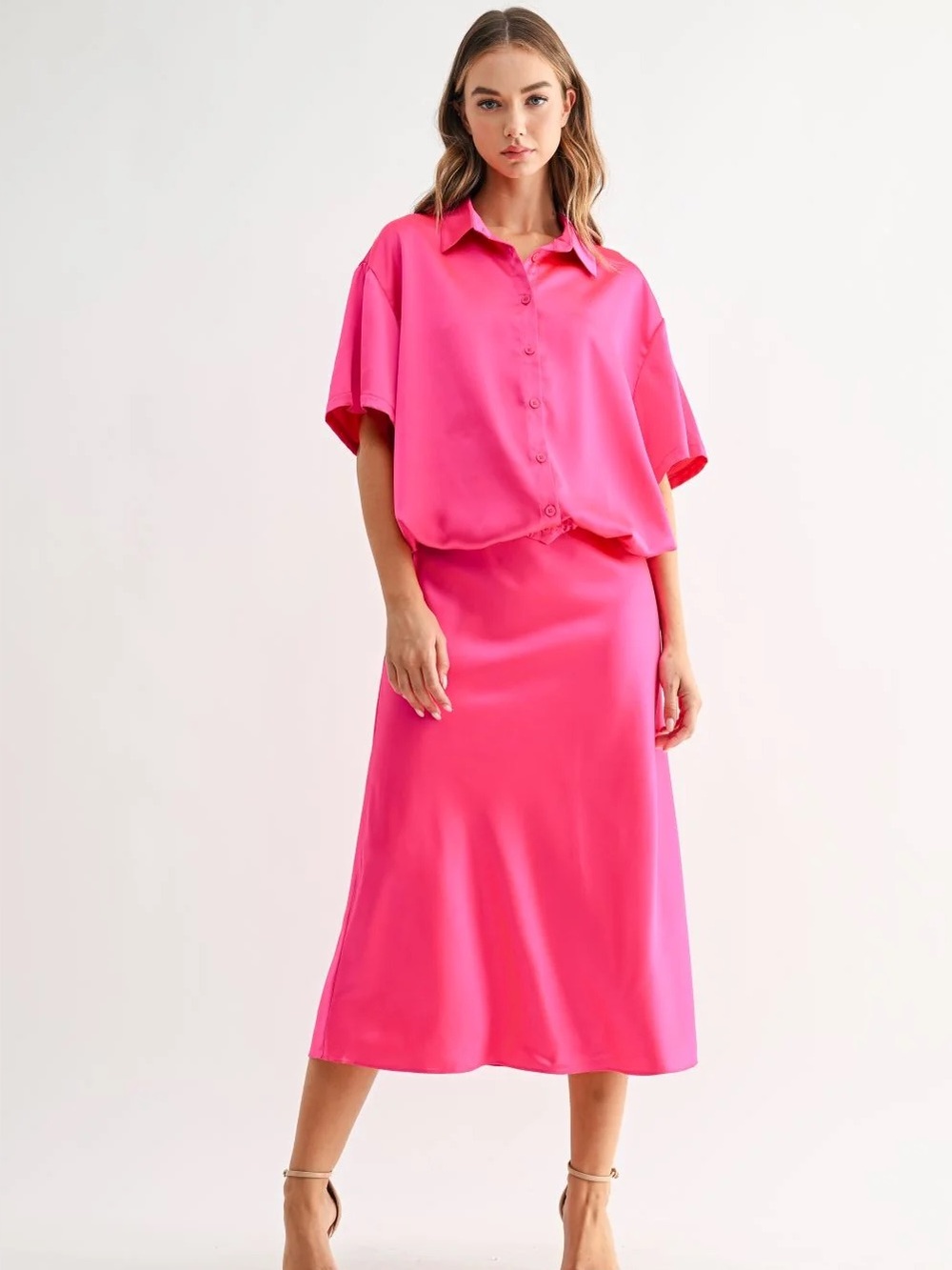 Joh Apparel Hot Pink Satin Jania Midi Skirt NWT  Medium